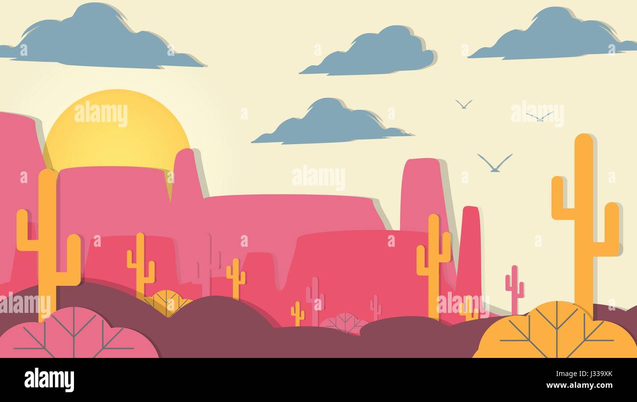Coupe-papier en applique de Style avec Cactus désert et Mesa - Vector Illustration Illustration de Vecteur