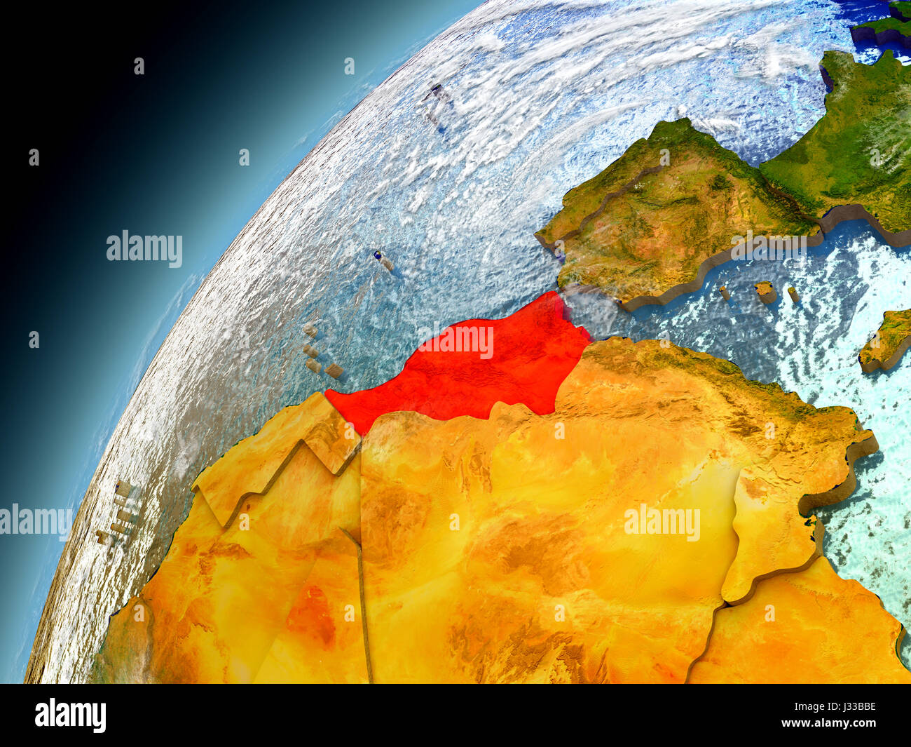 Le Maroc vu à partir de l'orbite de la terre sur le modèle. 3D illustration avec l'atmosphère et à l'image de l'océan. Éléments de cette image fournie par la NASA. Banque D'Images