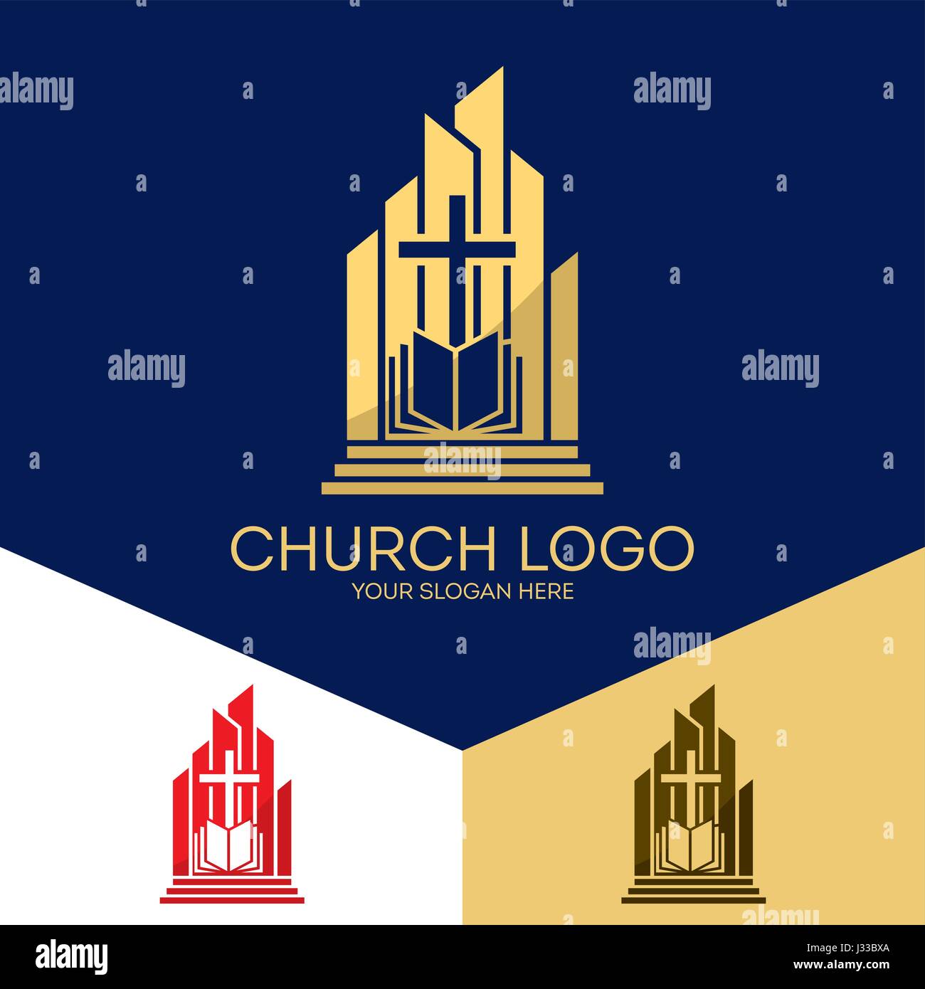 Logo de l'église. Symboles chrétiens. La croix de Jésus Christ, la Sainte Bible. Illustration de Vecteur