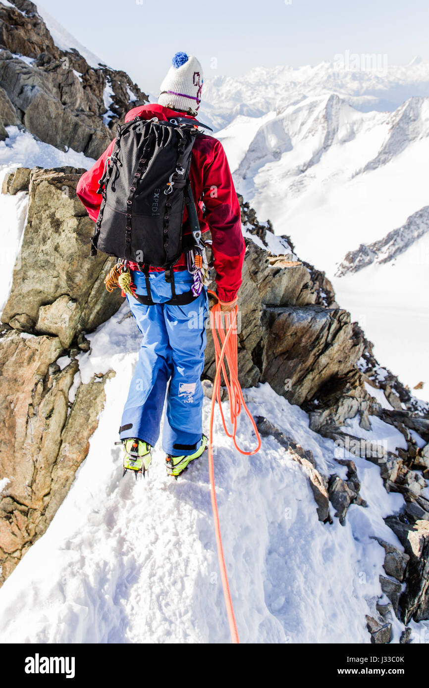 Guide de montagne sur la crête sud-ouest de Finsteraarhorn, corde courte,  Valais, Suisse Photo Stock - Alamy
