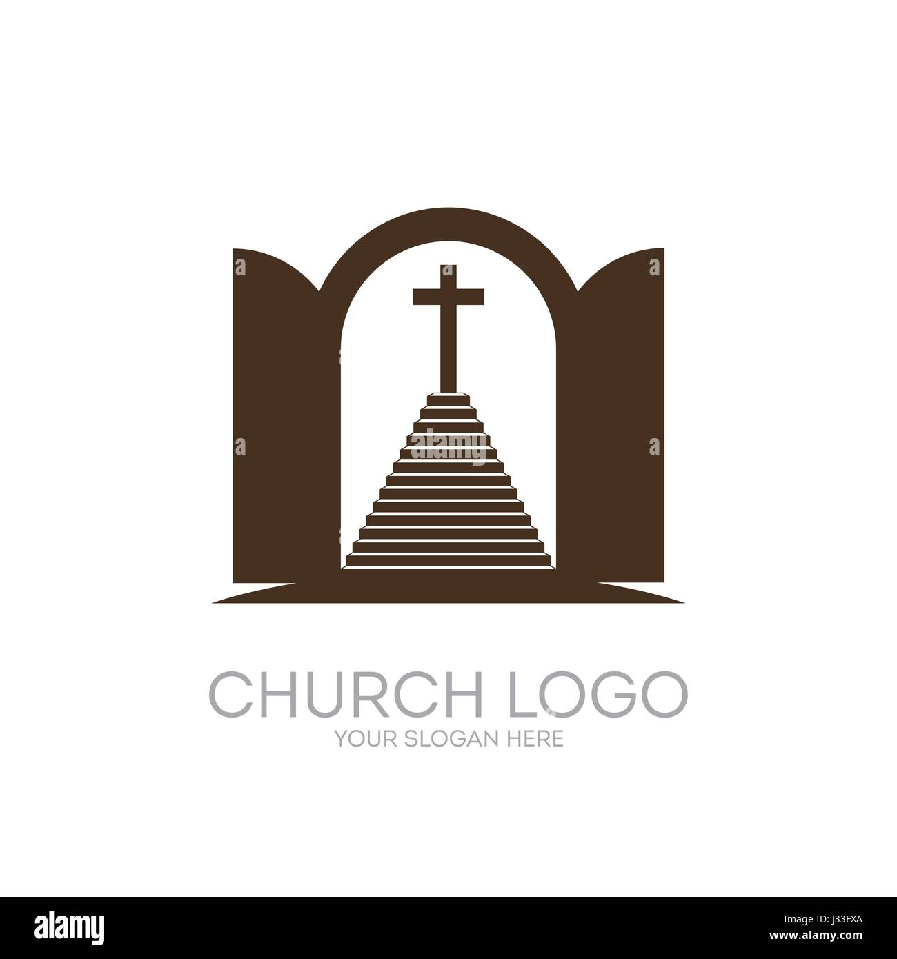 Logo de l'église. Symboles chrétiens. Ouvrir la porte et l'escalier menant à la croix du Seigneur et Sauveur Jésus Christ. Illustration de Vecteur