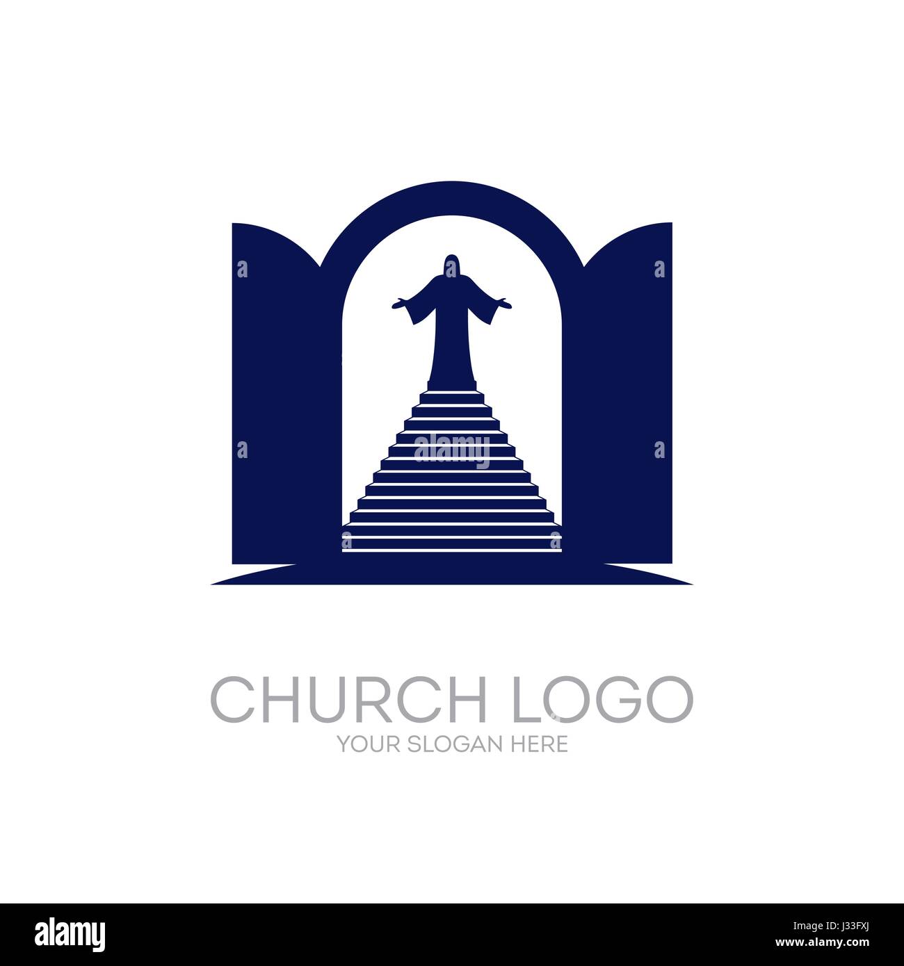 Logo de l'église. Symboles chrétiens. Ouvrir la porte et l'escalier menant au Seigneur et Sauveur Jésus Christ. Illustration de Vecteur