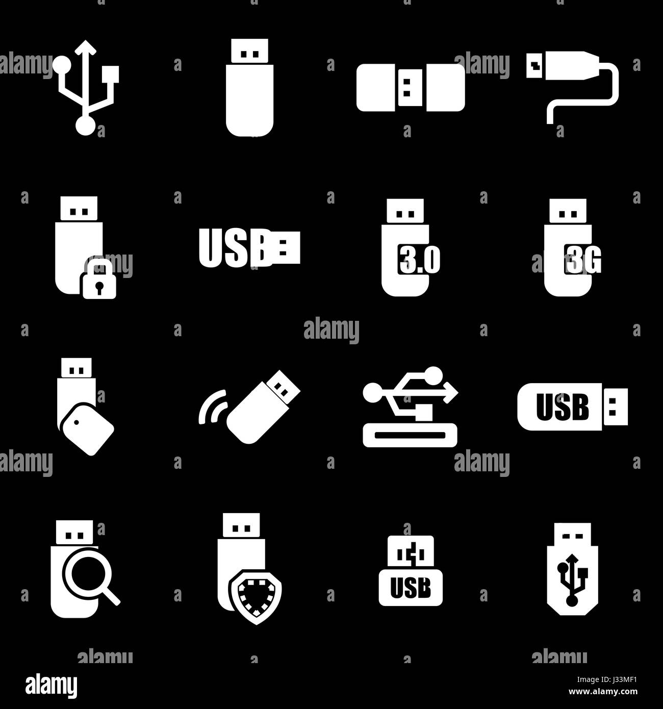 Vector icons set usb blanc sur fond noir Illustration de Vecteur