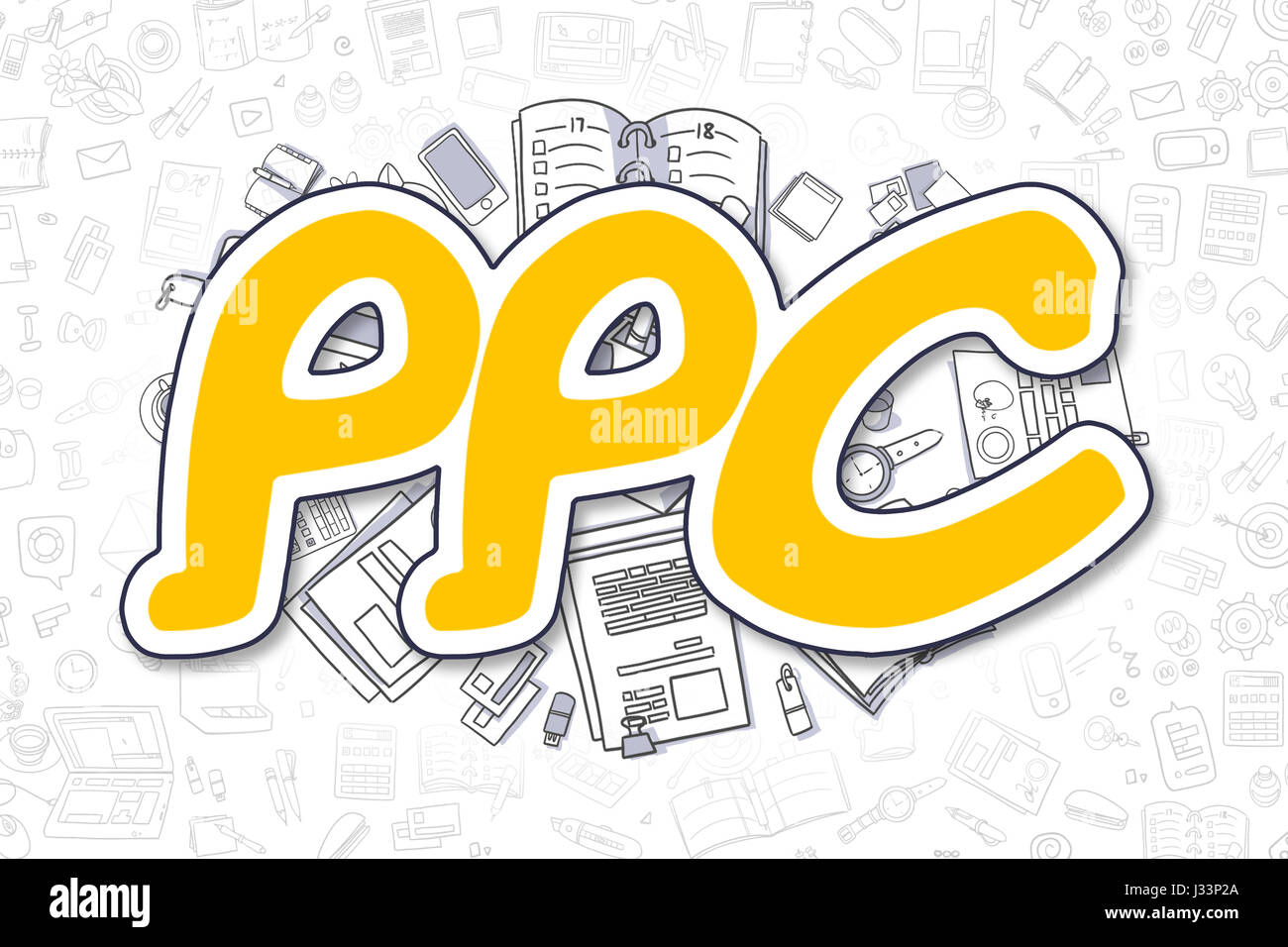 PPC - Doodle mot jaune. Concept d'entreprise. Banque D'Images