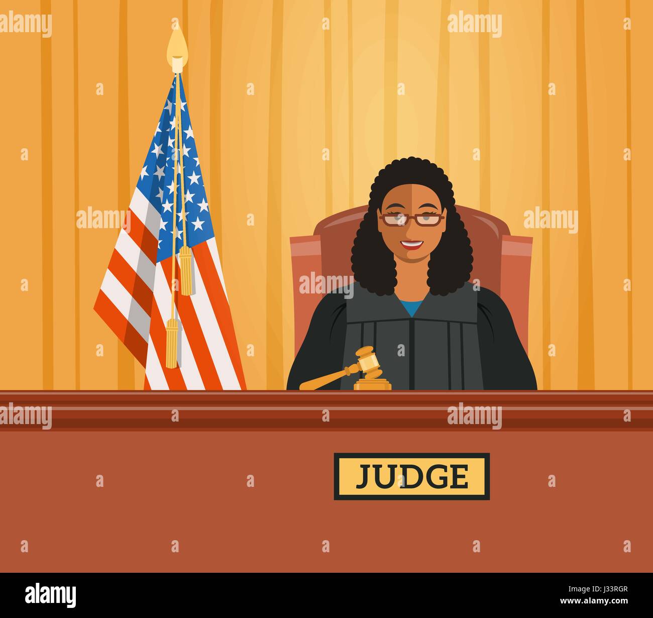 Le juge black femme en salle d'audience du tribunal avec marteau et drapeau américain. Caricature judiciaire arrière-plan. Les affaires civiles et pénales procès public. Vector fl Illustration de Vecteur