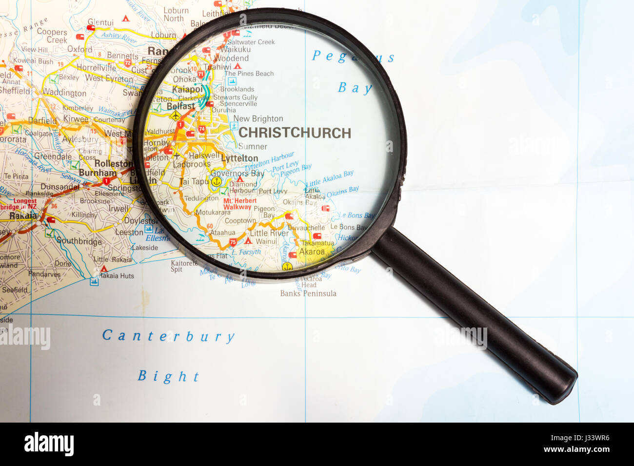 Carte de la Nouvelle Zélande avec loupe l'accent sur Christchurch, île du Nord Photo Stock Alamy