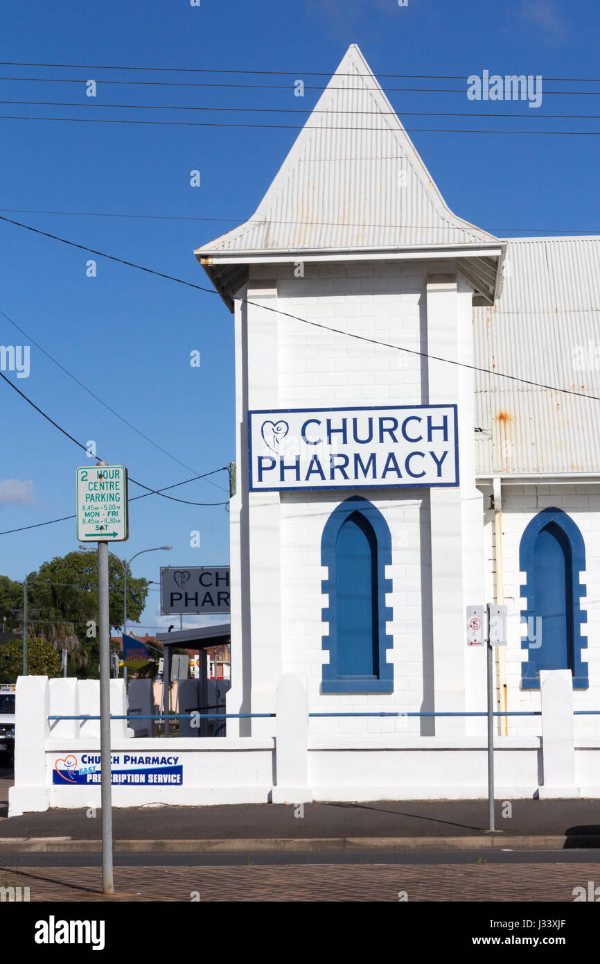 Pharmacie de l'église autrefois l'Église du Christ, Bundaberg, Queensland, Australie Banque D'Images