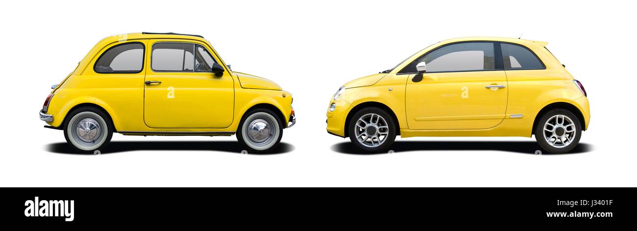 Voiture classique vs nouvelle voiture Vue de côté isolated on white Banque D'Images