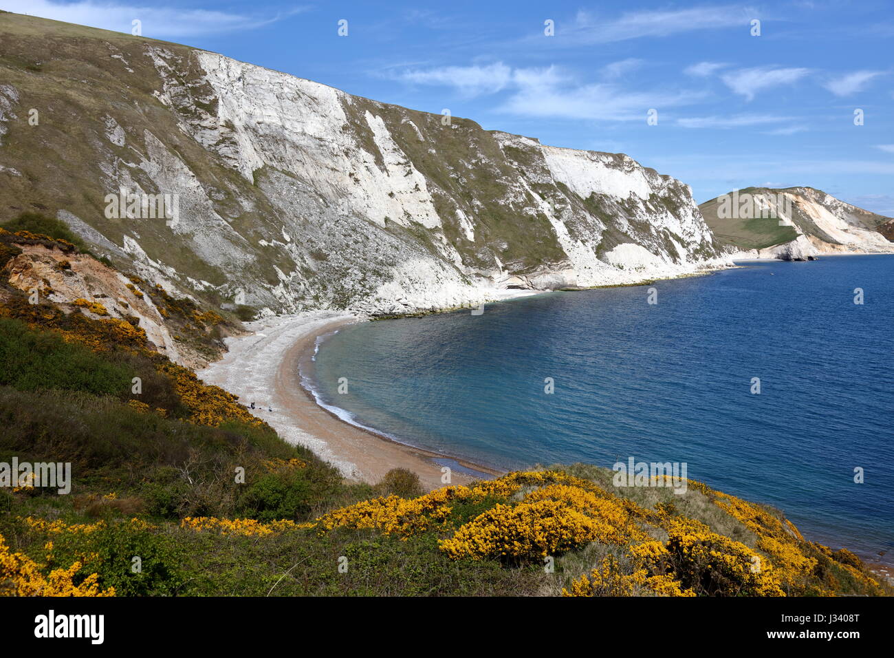 Falaise de craie en ruine avec des talus érodés mer formations cône de Mupe Bay vers Arish Mell sur la côte jurassique du Dorset, UK Banque D'Images