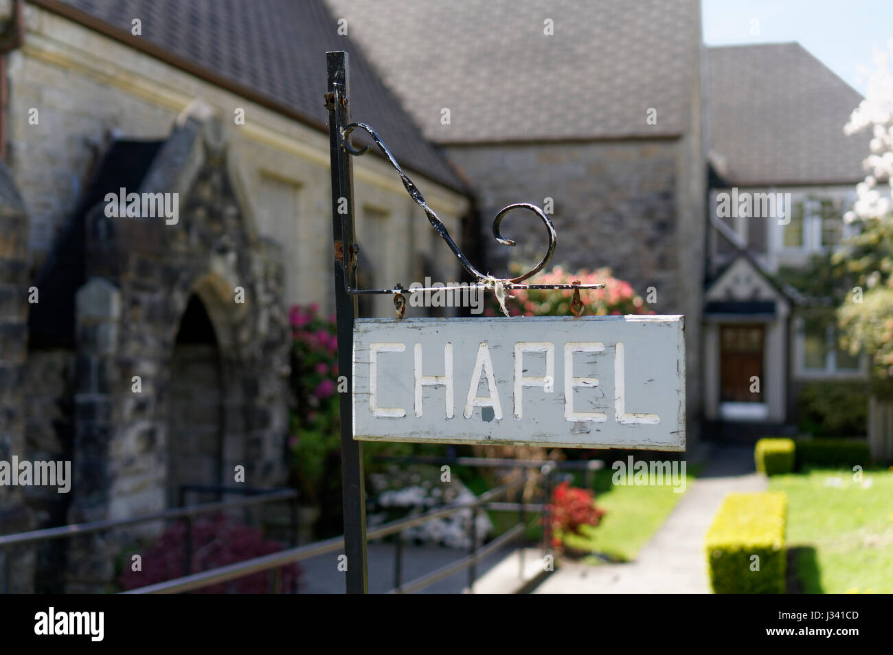 Panneau de la chapelle à l'extérieur de la chapelle de l'église Ryerson United Church (Pacific Spirit United Church) à Kerrisdale, Vancouver, Colombie-Britannique, Canada Banque D'Images