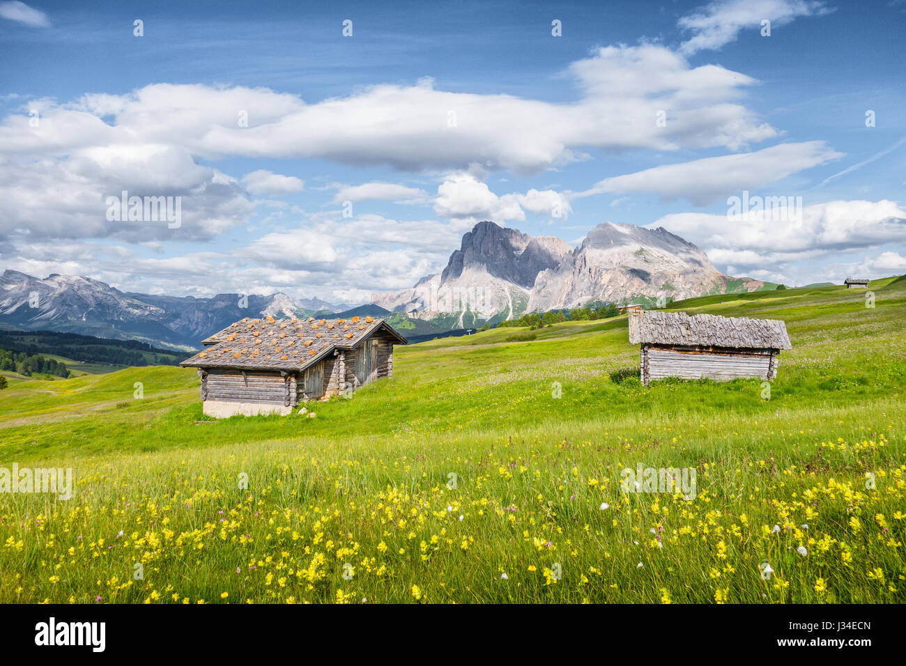 Belle vue sur le paysage de montagne alpin idyllique avec des vieux chalets de montagne et des prairies vertes sur une journée ensoleillée avec ciel bleu et de nuages Banque D'Images