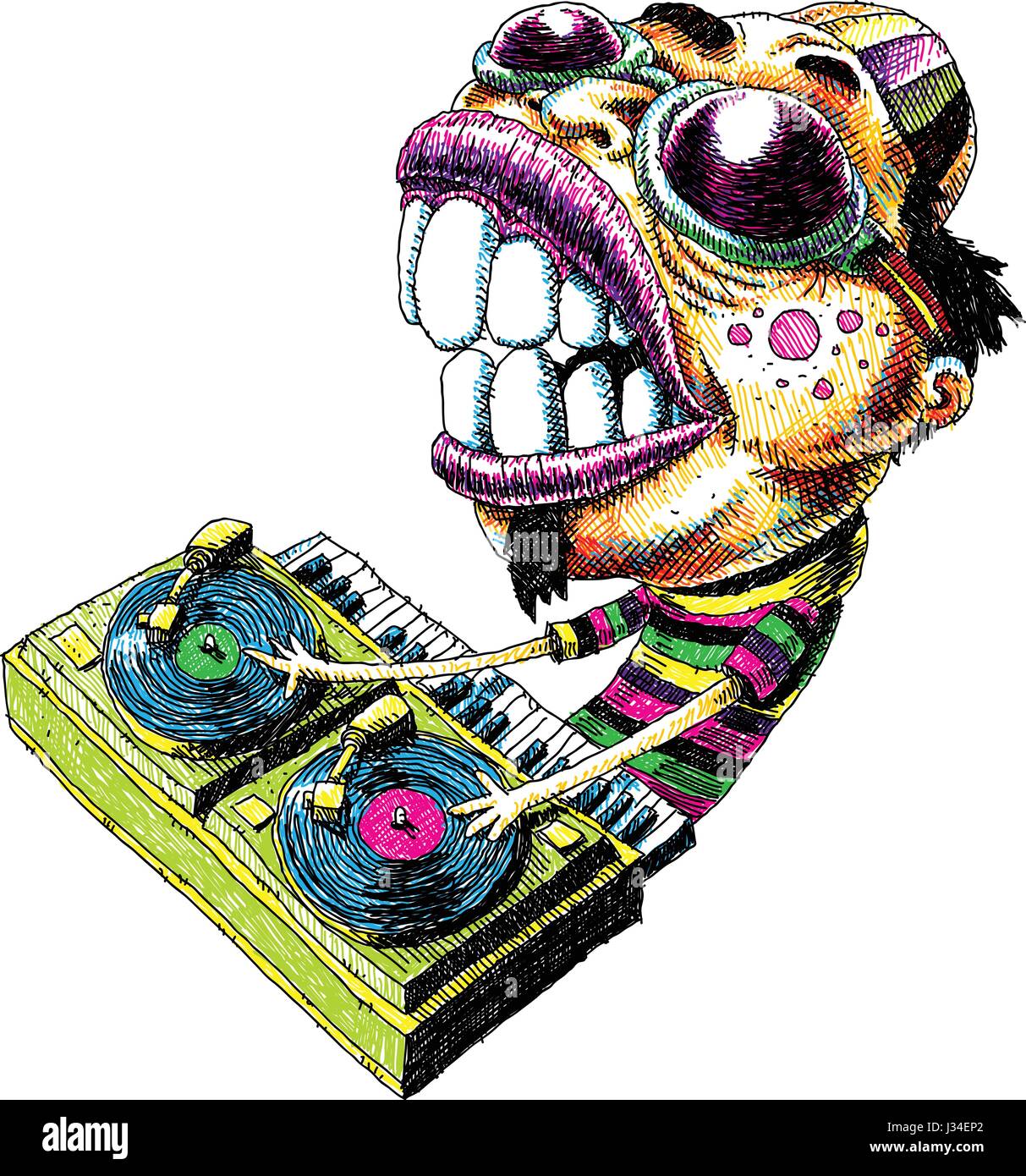 Une intense cartoon mixage DJ Music sur vinyle platines. Illustration de Vecteur