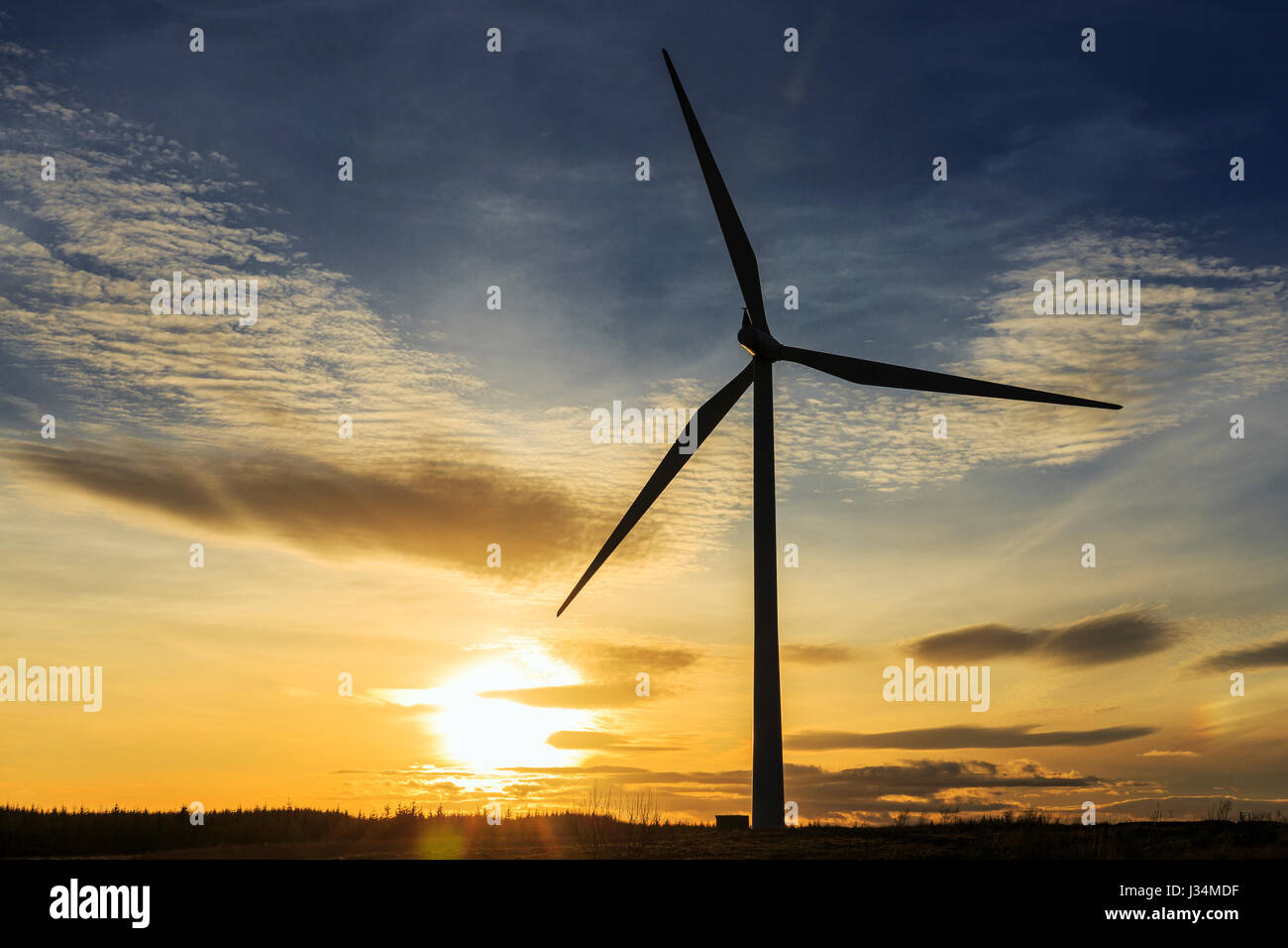 Au coucher du soleil sur l'éolienne Eaglesham Moor, Whitelee wind farm, près de Glasgow, Écosse, Royaume-Uni Banque D'Images