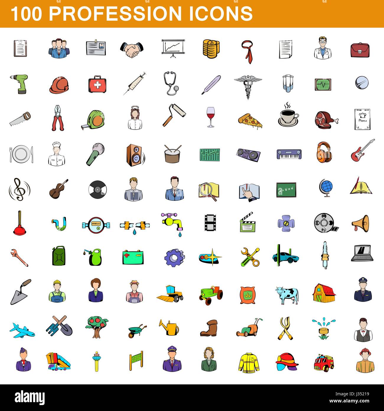 100 profession icons set, cartoon style Illustration de Vecteur