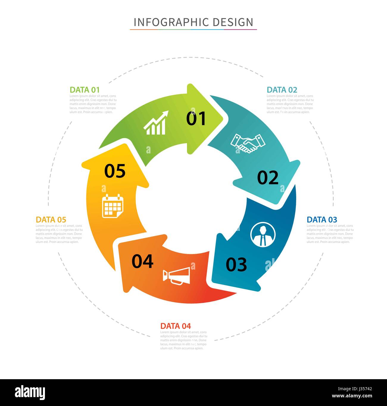 Cercle d'affaires avec 5 flèches infographic template données. Le workflow peut être utilisé pour la mise en page, graphique, diagramme de présentation, rapport annuel, web design Illustration de Vecteur