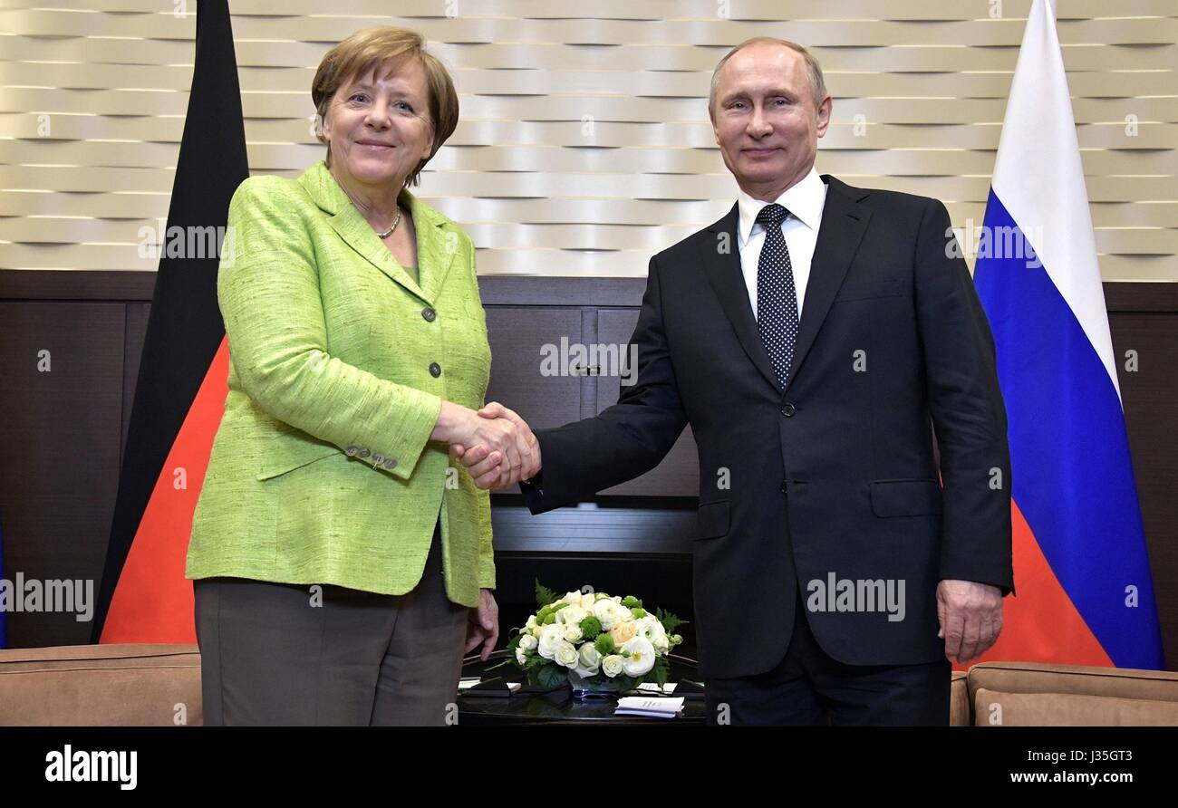 Le président russe Vladimir Poutine se félicite de la Chancelière allemande Angela Merkel avant le début des négociations à sa résidence de la mer Noire le 2 mai 2017 à Sotchi, Russie. Merkel est dans la station balnéaire russe pour discuter des conflits en Syrie et l'Ukraine. Banque D'Images