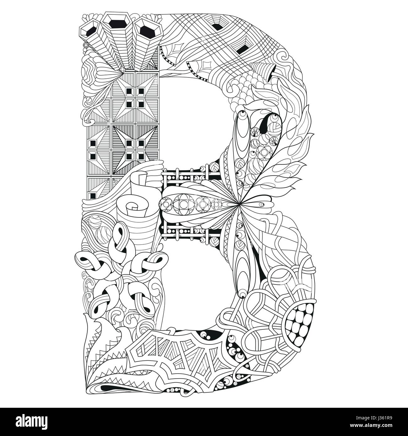 Lettre B pour la coloration. Objet décoratif de scénario zentangle Illustration de Vecteur
