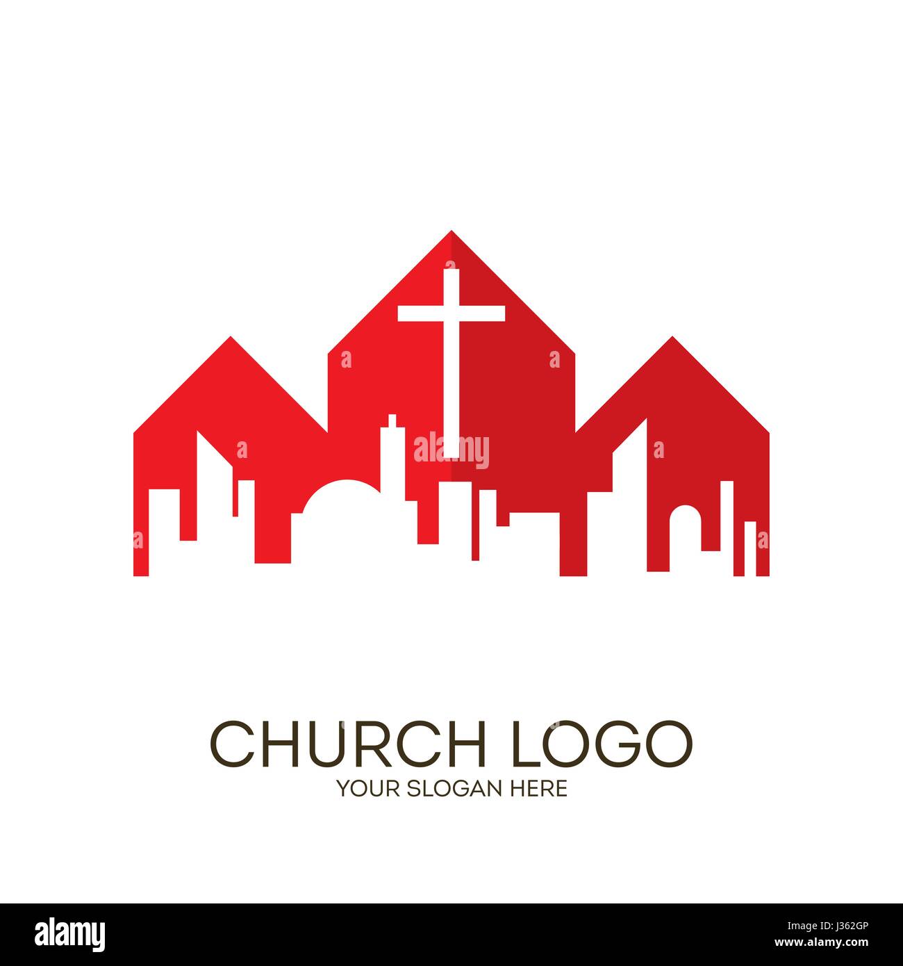 Logo de l'église. Symboles chrétiens. La croix de Jésus Christ domine la grande ville. Illustration de Vecteur
