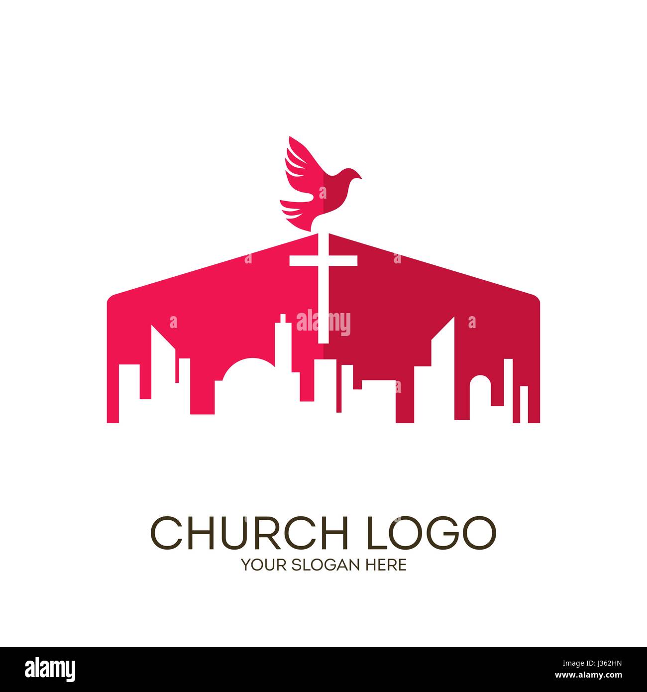 Logo de l'église. Symboles chrétiens. La croix de Jésus Christ domine la grande ville. Illustration de Vecteur
