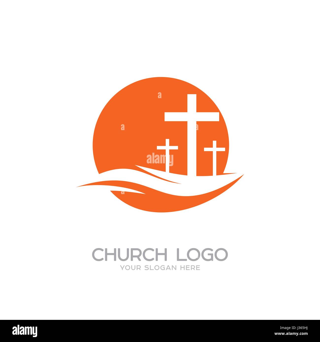 Logo de l'église. Symboles chrétiens. Trois croix sur une colline. Illustration de Vecteur