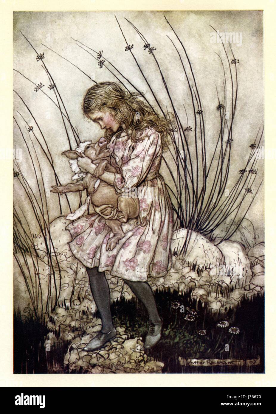 Illustration par Arthur Rackham Alice's Adventures in Wonderland de Lewis Carroll, London, William Heinemann, 1907. Alice et le bébé cochon. Banque D'Images