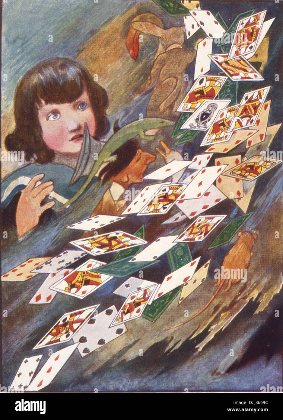 Illustration par Charles Robinson Alice's Adventures in Wonderland de Lewis Carroll, Londres et New York, Cassel, 1907. Alice et les cartes. Banque D'Images