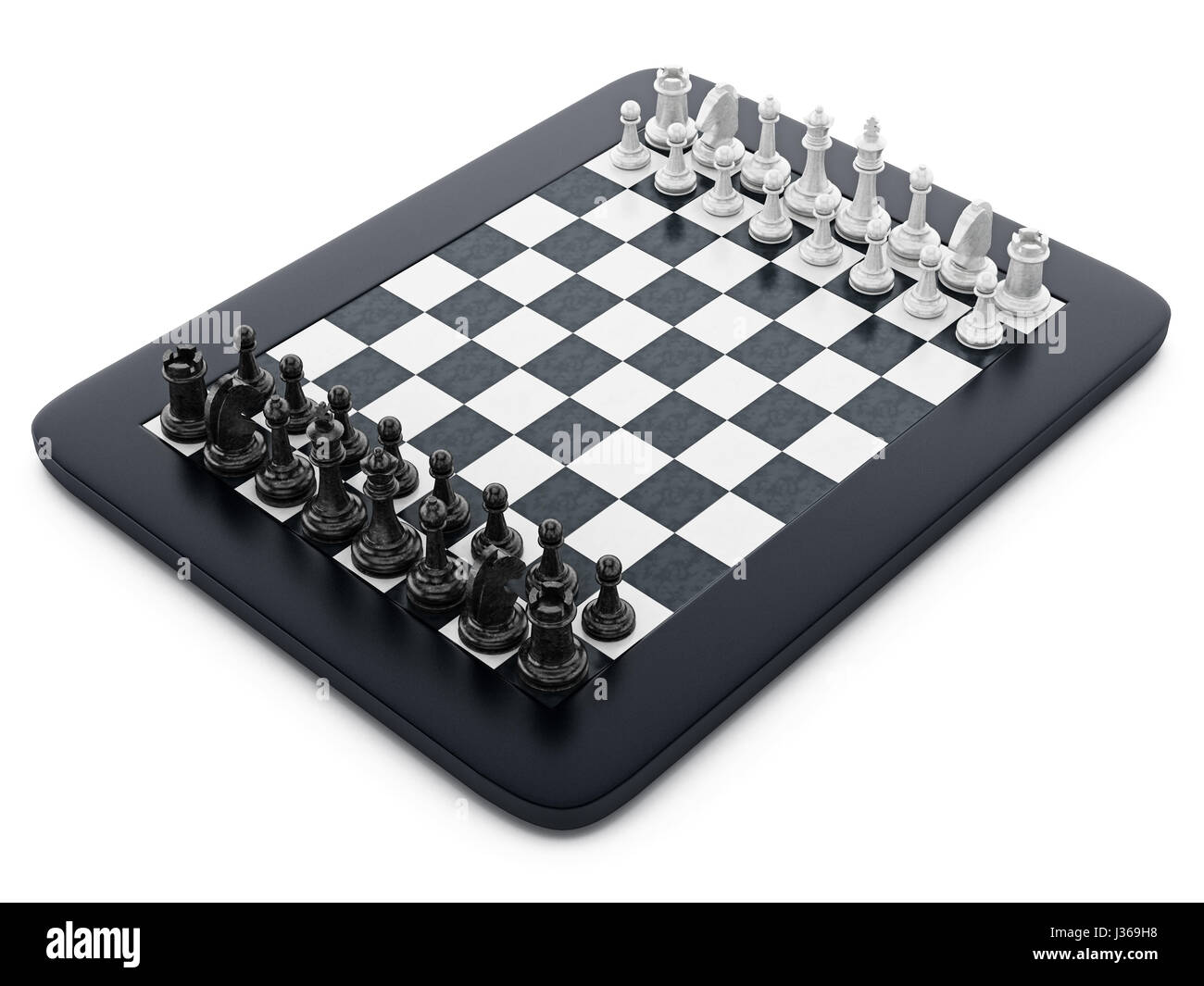 Pièces des échecs en noir et blanc sur l'ordinateur tablette permanent. 3D illustration. Banque D'Images