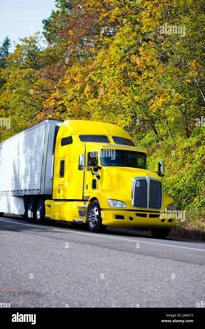 Beau jaune lumineux professionnel puissant technologique moderne avec camion semi remorque frigorifique transportant les aliments congelés pour l'automne route Banque D'Images