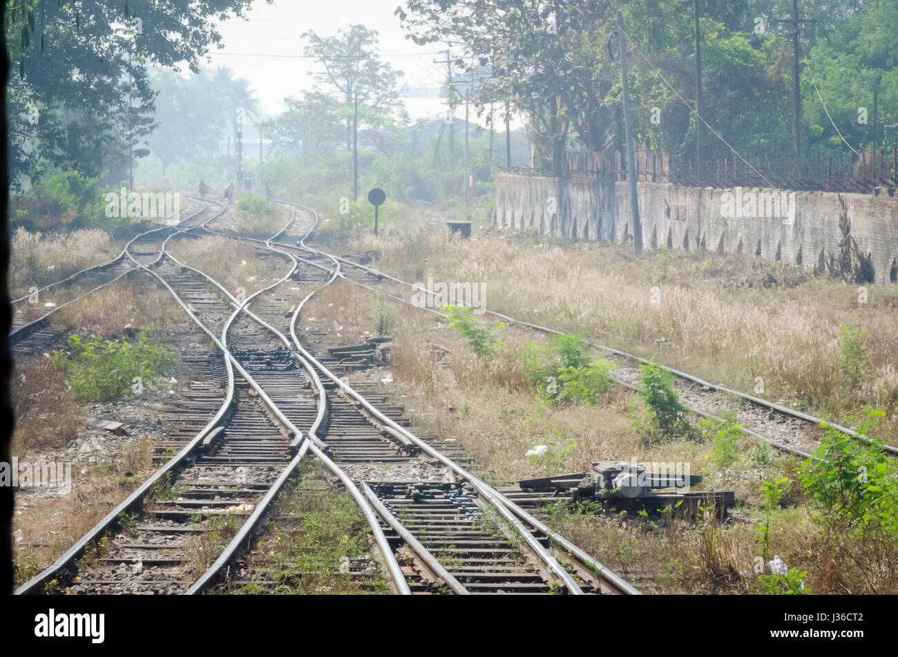 Voie de chemin de fer avec des points et de l'herbe, Yangon, Myanmar. Banque D'Images