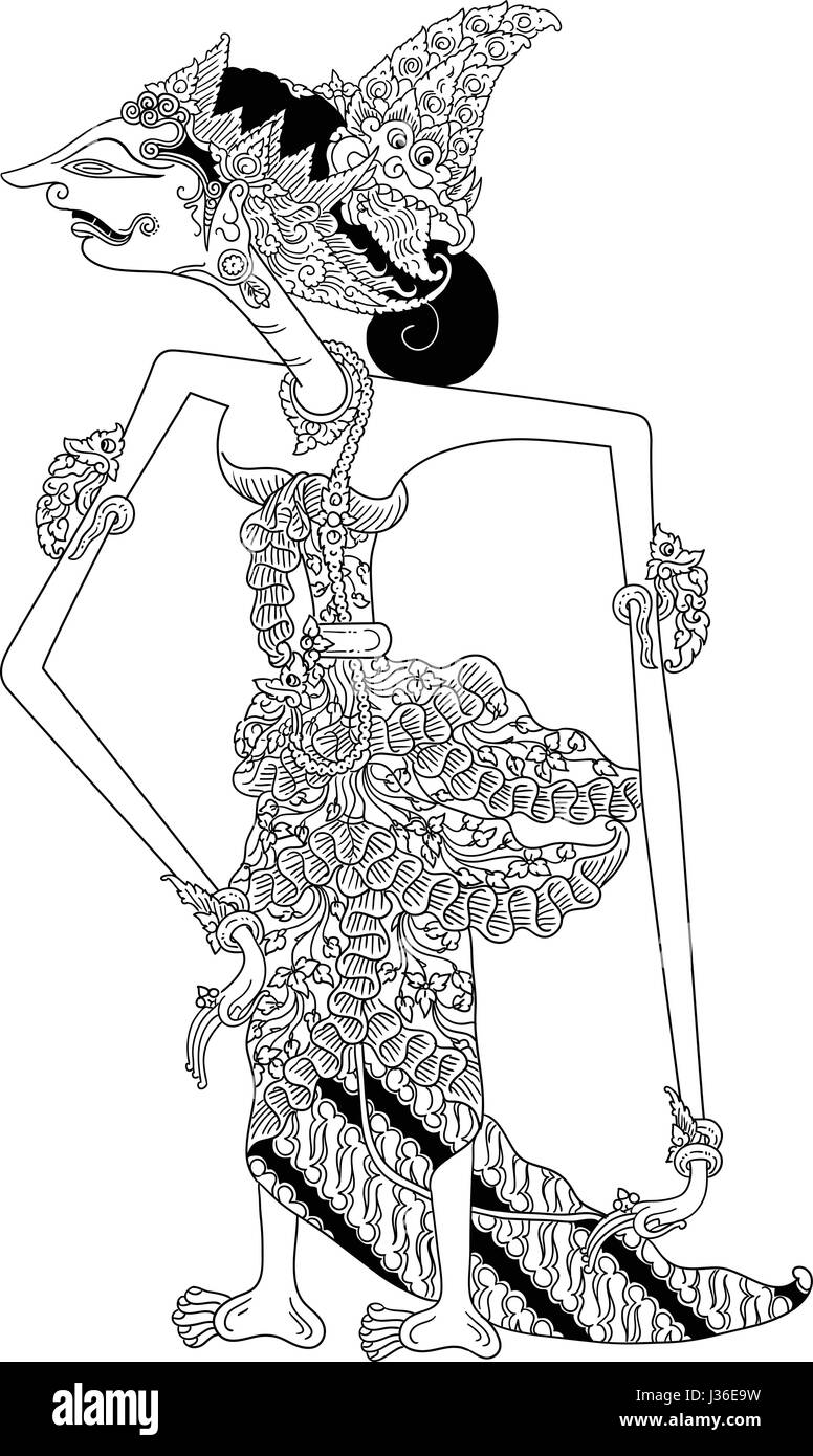 Banowati, un personnage de spectacle de marionnettes traditionnelles, wayang kulit de Java en Indonésie. Illustration de Vecteur