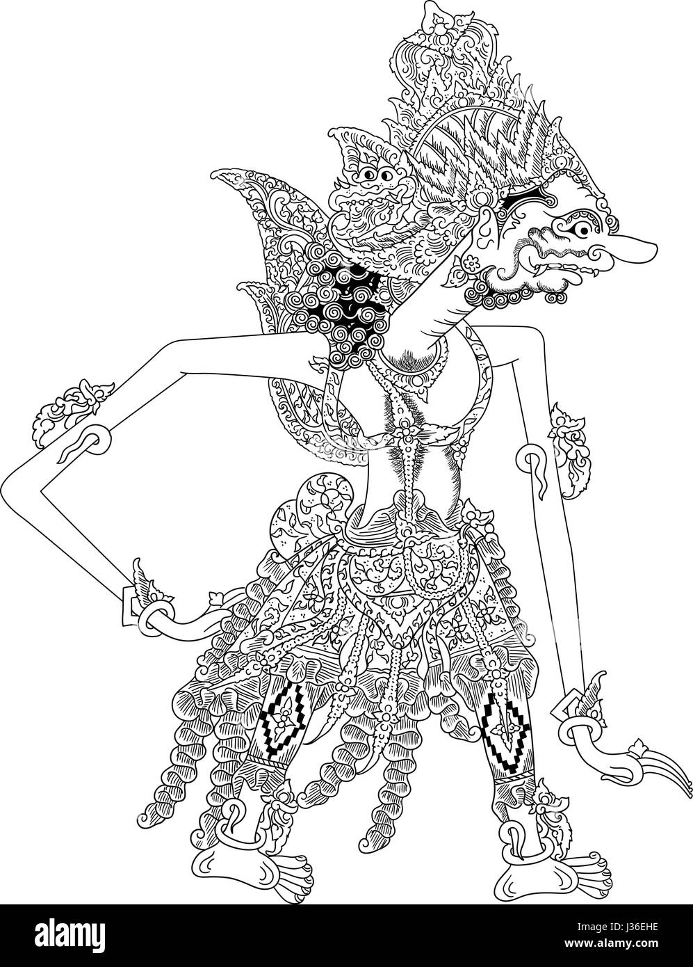 Bomawikata, un personnage de spectacle de marionnettes traditionnelles, wayang kulit de Java en Indonésie. Illustration de Vecteur