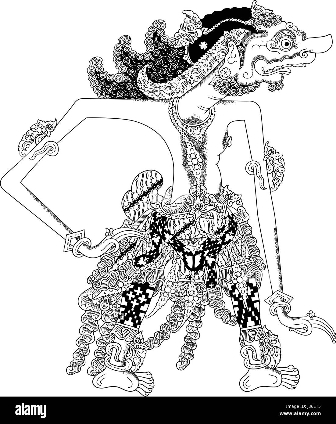 Burisrawa, un personnage de spectacle de marionnettes traditionnelles, wayang kulit de Java en Indonésie. Illustration de Vecteur