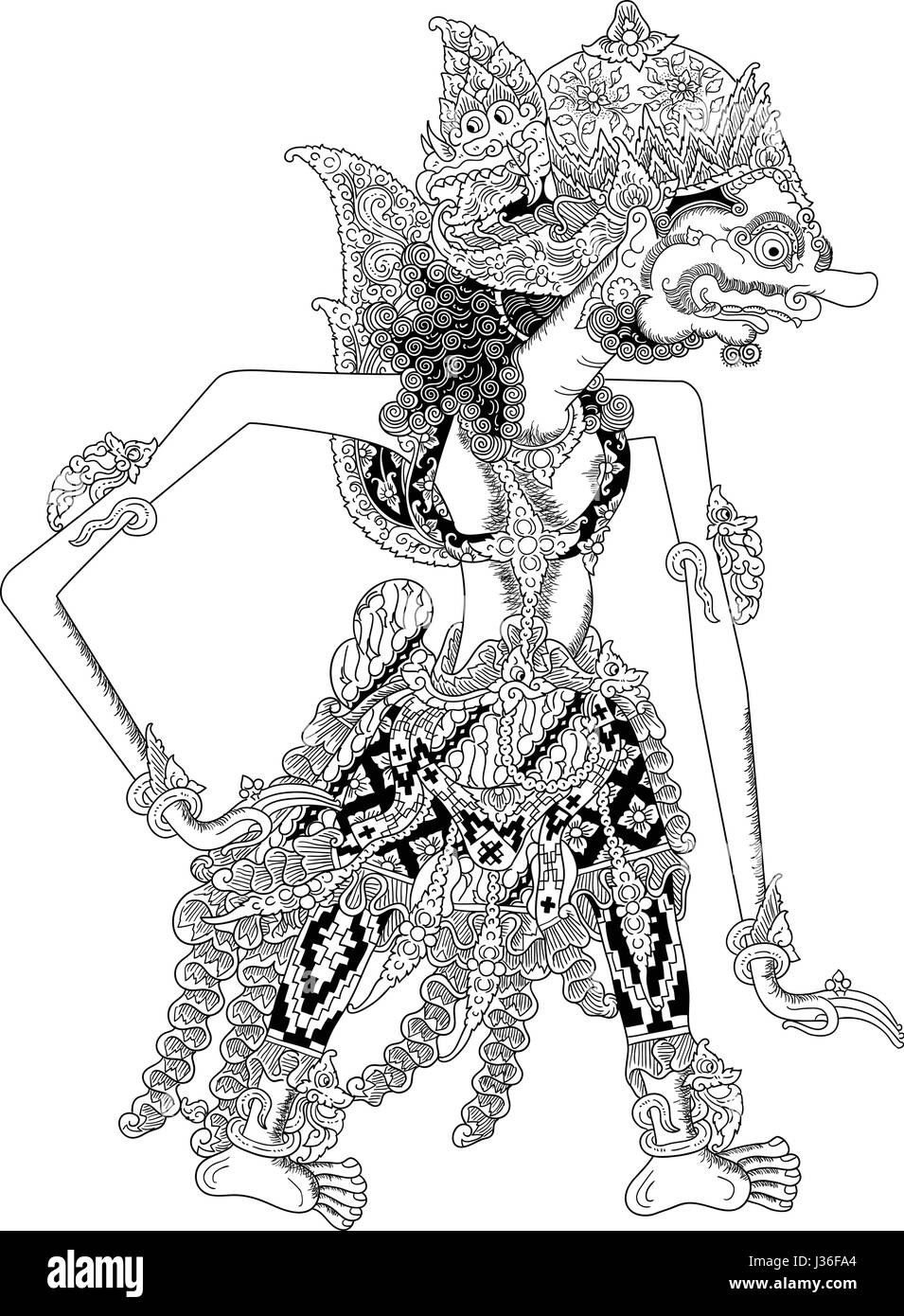 Damagosa, un personnage de spectacle de marionnettes traditionnelles, wayang kulit de Java en Indonésie. Illustration de Vecteur