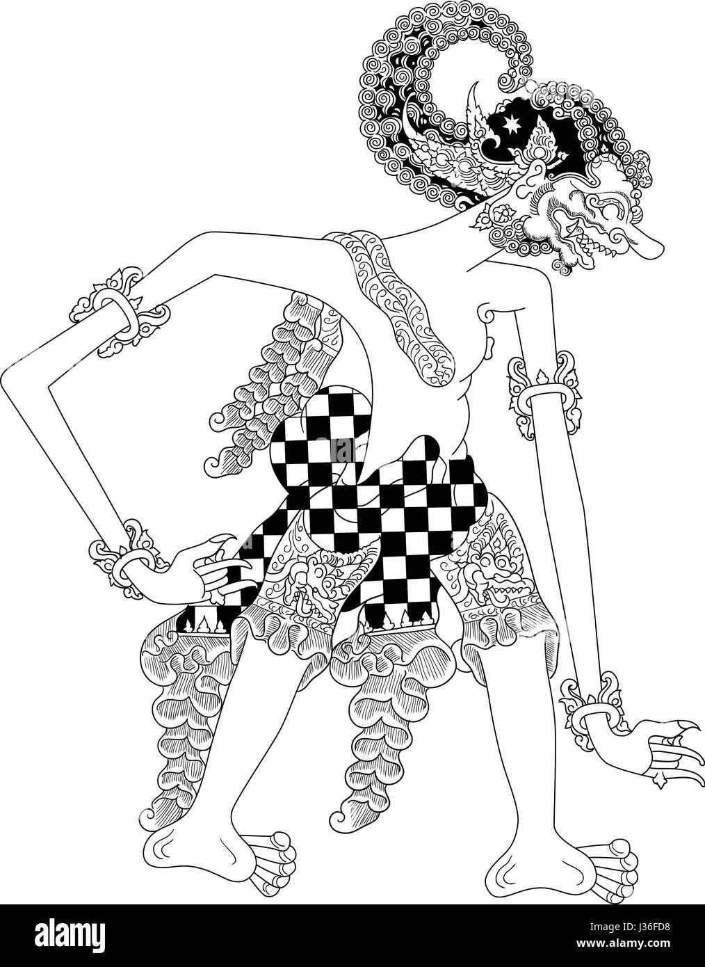 Dandunwacana, un personnage de spectacle de marionnettes traditionnelles, wayang kulit de Java en Indonésie. Illustration de Vecteur