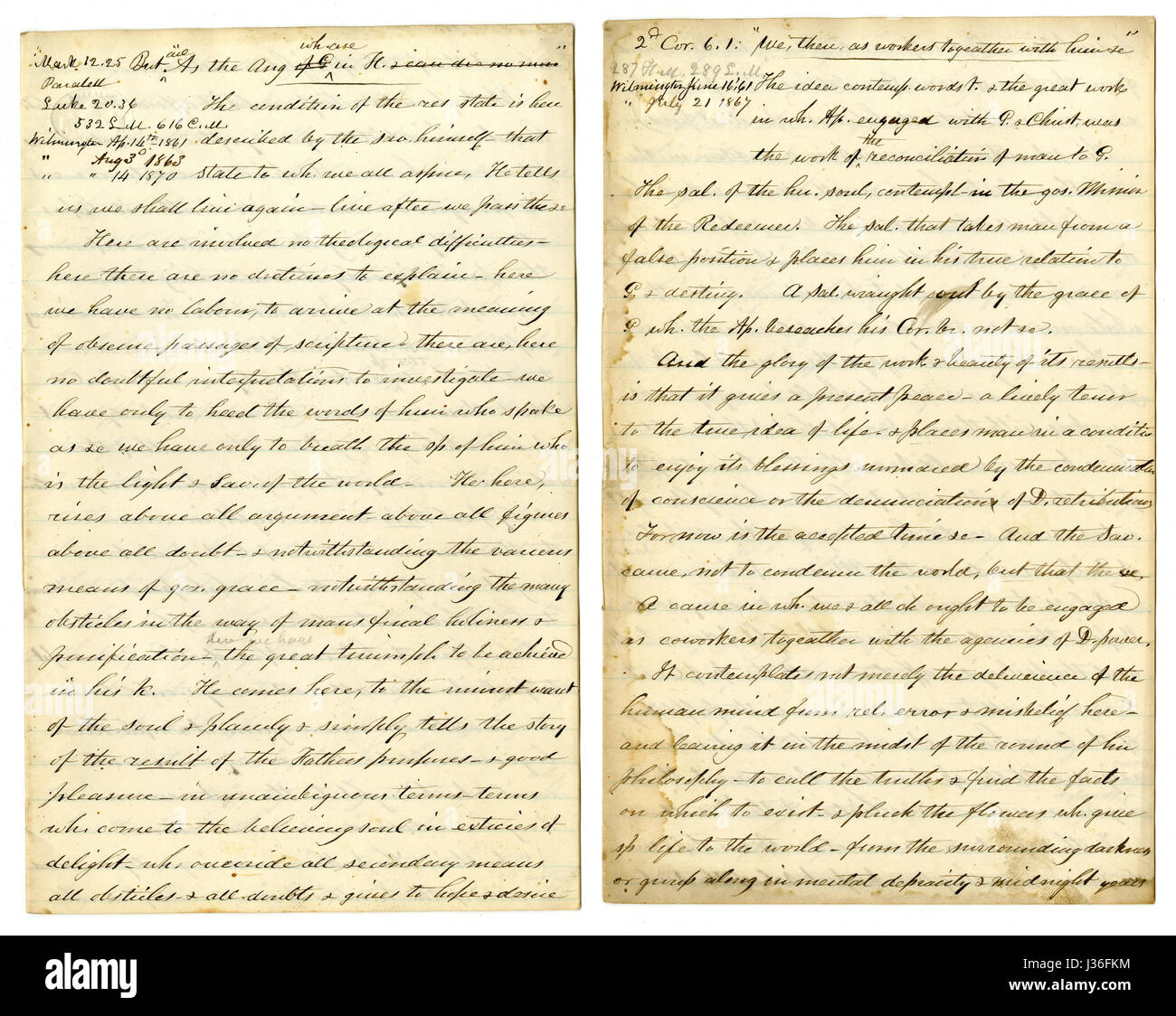 Meubles anciens c1860 d'un sermon écrit main voyageant prédicateur. Celle sur la gauche s'inspire de Marc 12:25 "Pour quand ils ressusciteront d'entre les morts, ils ne se marient ni ne sont donnés en mariage ; mais ils sont comme les anges qui sont au ciel.' l'un sur la droite puise dans 2 Corinthiens 6:1 "Nous avons ensuite, en tant que travailleurs avec lui, vous exhorte également que vous ne recevez pas la grâce de Dieu en vain." Le coin supérieur gauche de chaque liste d'un groupe de villages (Up & Down côte est des États-Unis à Halifax, Canada) où le sermon a été lu dans les années 1850 et 1860. Banque D'Images