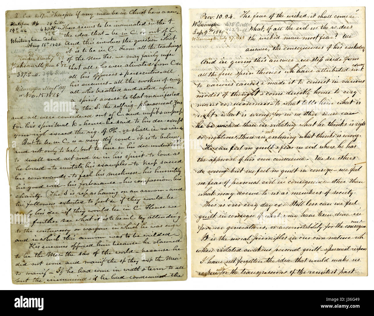 Meubles anciens c1860 d'un sermon écrit main voyageant prédicateur. Celle sur la gauche s'appuie sur 2 Corinthiens 5:17 "si quelqu'un est en Christ, il est une nouvelle créature : les choses anciennes sont passées ; voici, toutes choses sont devenues nouvelles." L'un sur la droite puise dans Proverbes 10:24 "La peur du méchant, il viendra sur lui : mais le désir des justes sera accordée." Le coin supérieur gauche de chaque liste d'un groupe de villages (Up & Down côte est des États-Unis à Halifax, Canada) où le sermon a été lu dans les années 1850 et 1860. Banque D'Images