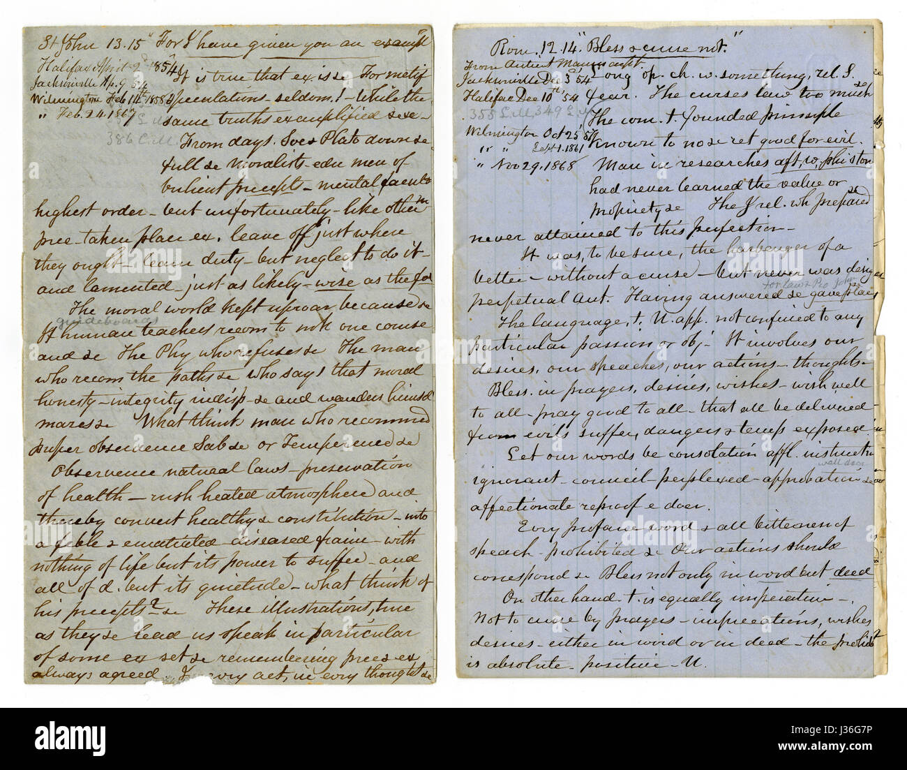 Meubles anciens c1860 d'un sermon écrit main voyageant prédicateur. Celle sur la gauche s'inspire de Jean 13:15 "Car je vous ai donné un exemple, afin que vous fassiez comme je vous ai fait." L'un sur la droite puise dans Romains 12:14 "Bénissez ceux qui vous persécutent, bénissez et malédiction : Non.' Le coin supérieur gauche de chaque liste d'un groupe de villages (Up & Down côte est des États-Unis à Halifax, Canada) où le sermon a été lu dans les années 1850 et 1860. Banque D'Images