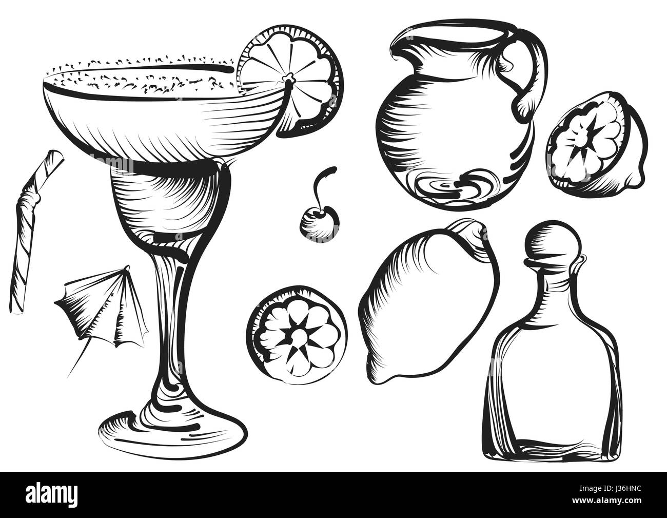 Marguerite set. Margarita cocktail daiquiri ensemble avec de la chaux, de cerise, citron Illustration de Vecteur