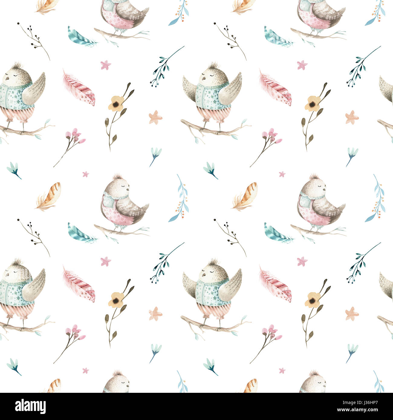 Cute baby bird animal pattern, illustration parfaite de la forêt pour les enfants des vêtements. Aquarelle forestiers boho dessiné à la main libre pour les cas de poulet, de conception de l'affiche de la pépinière Banque D'Images