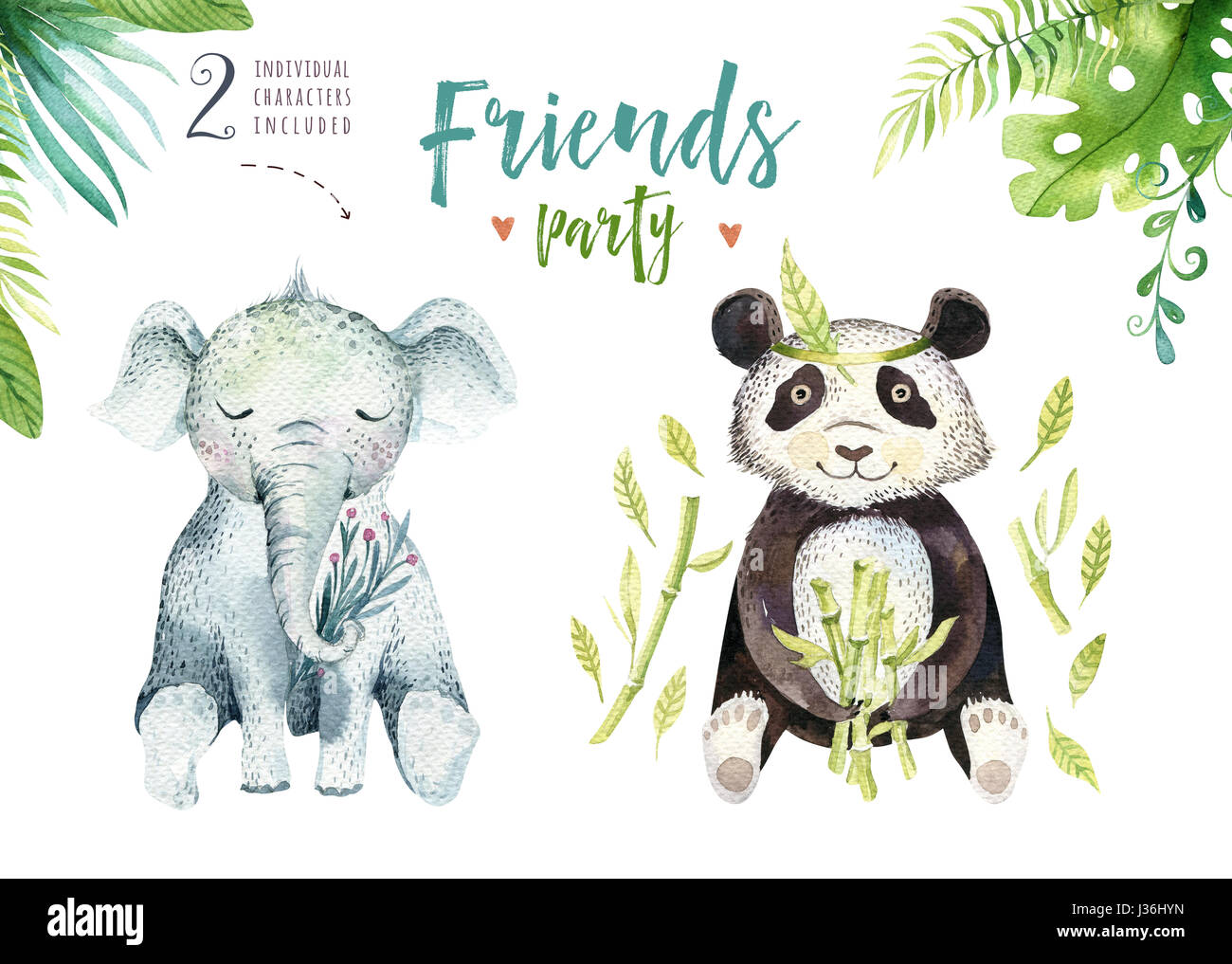 Pepiniere De Bebes Animaux Illustration Isole Pour Les Enfants Boho Aquarelle Dessin Tropical Enfant Mignon Tropic L Elephant Et Le Panda Douche De Bebe Photo Stock Alamy
