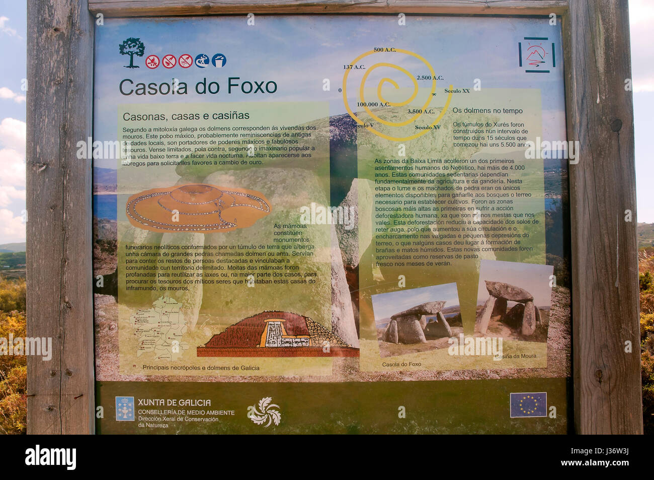 L'affiche informative, Casola n-3500 ans dolmen Foxo, C.-B., Orense Muiños province, région de la Galice, Espagne, Europe Banque D'Images