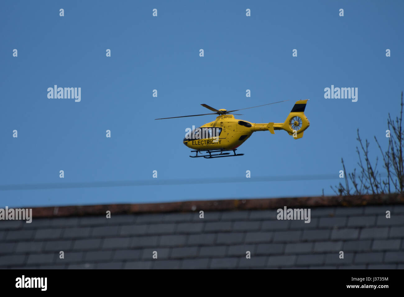 Eurocopter AS135P1 G-WPDD en usage sur Devon par Western Power pour inspecter les câbles d'électricité Banque D'Images