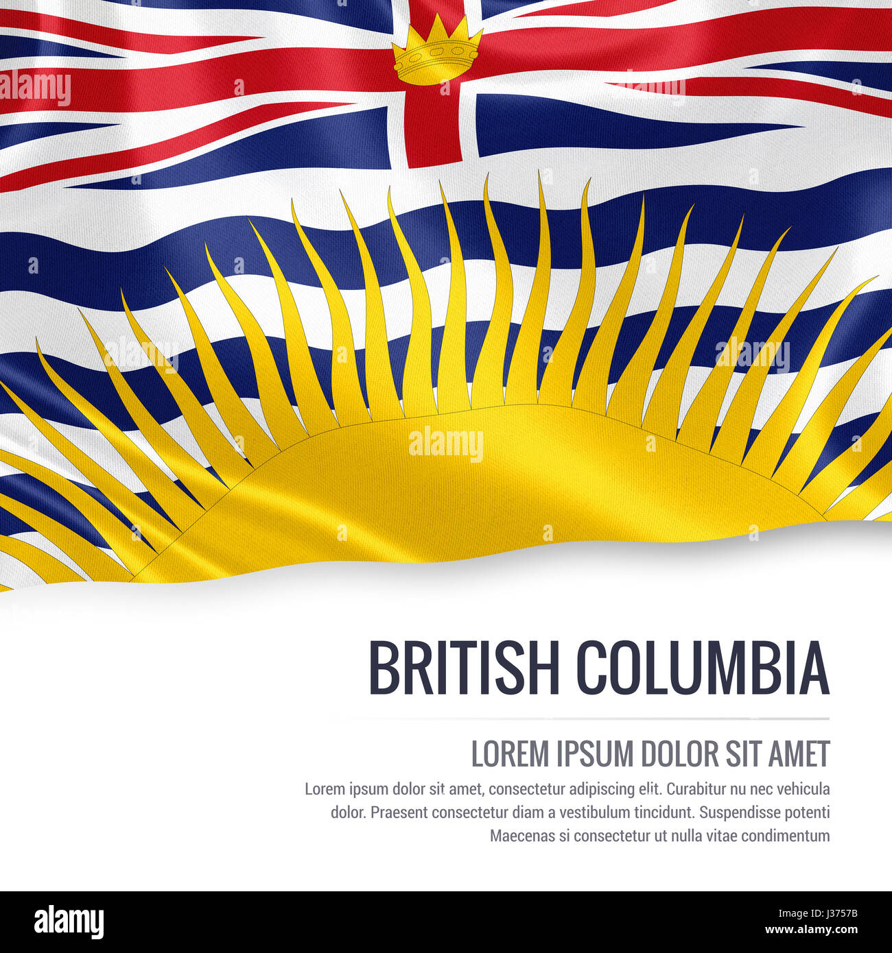 L'état canadien Colombie-britannique drapeaux sur un fond blanc. Nom de l'état et la zone de texte pour votre message. Banque D'Images