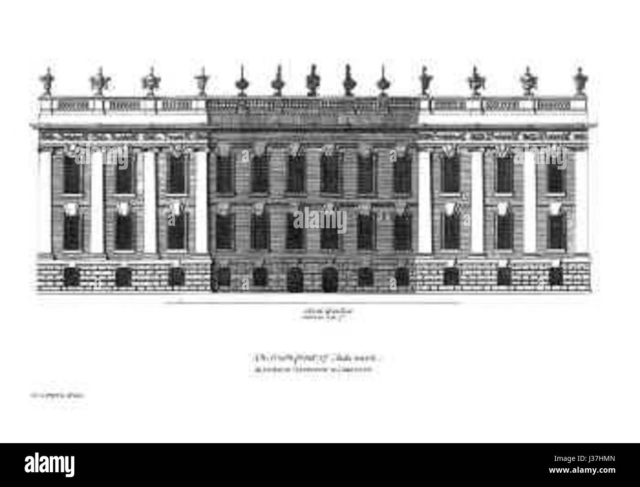Une représentation de la façade sud de Chatsworth House, vue dans Vitruve Britannicus, une œuvre architecturale majeure. L'illustration montre le design classique et la grandeur de ce domaine anglais historique. Banque D'Images