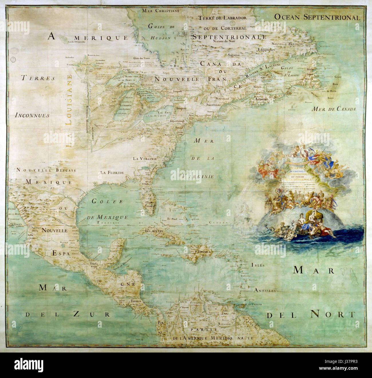 La carte de Claude Bernou, intitulée 'carte de l'AmÃ©rique septentrionale', offre une perspective historique sur la géographie de l'Amérique du Nord, détaillant divers territoires et monuments d'un point de vue européen. Banque D'Images