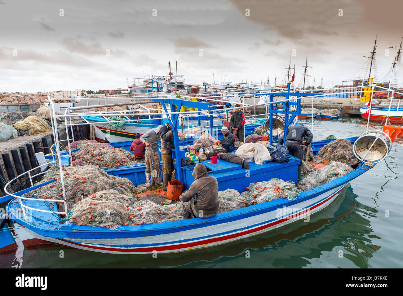 Houmt Souk, Marina, Tunisie, bateaux de pêche, l'île de Djerba, Banque D'Images