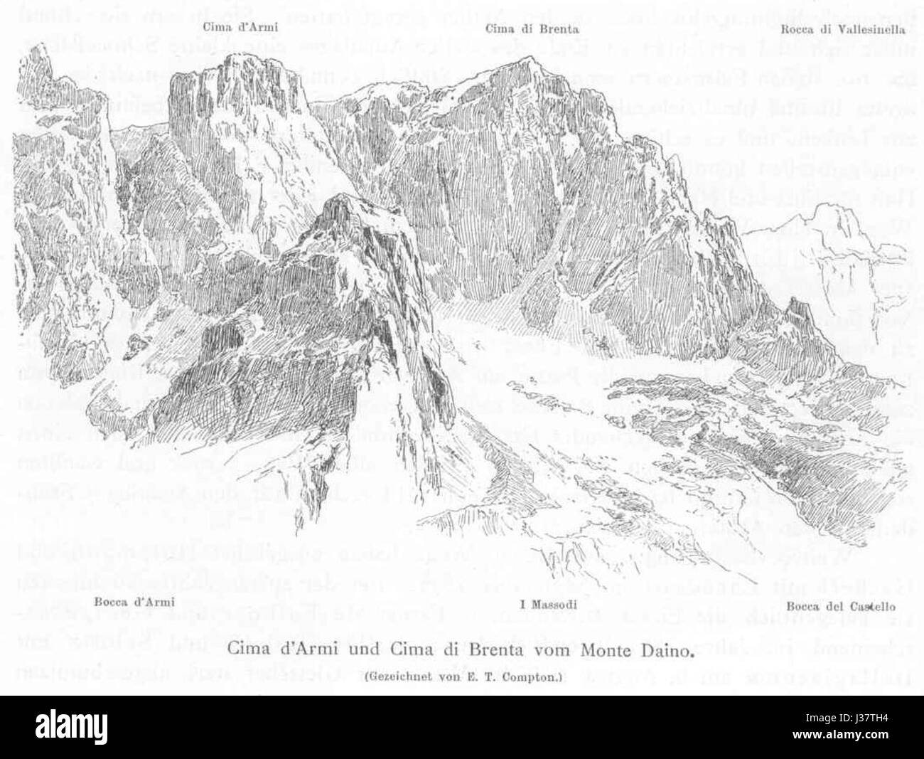 Un dessin de Cima Brenta, créé par le peintre et alpiniste allemand Edward Theodore Compton (1849-1921) vers 1870, illustrant la grandeur de la montagne. Banque D'Images