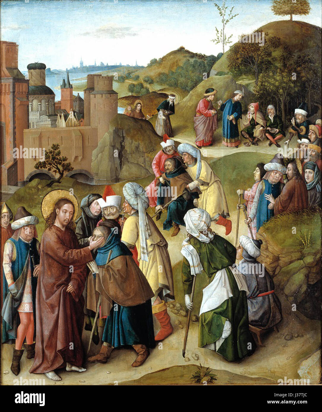 'De genezing van de blinde te Jericho' (la guérison de l'aveugle à Jéricho) est une histoire biblique décrivant le miracle de Jésus guérissant un aveugle. Il reflète les thèmes de la foi, de l'intervention divine et de la guérison, communs dans les textes religieux chrétiens. Banque D'Images