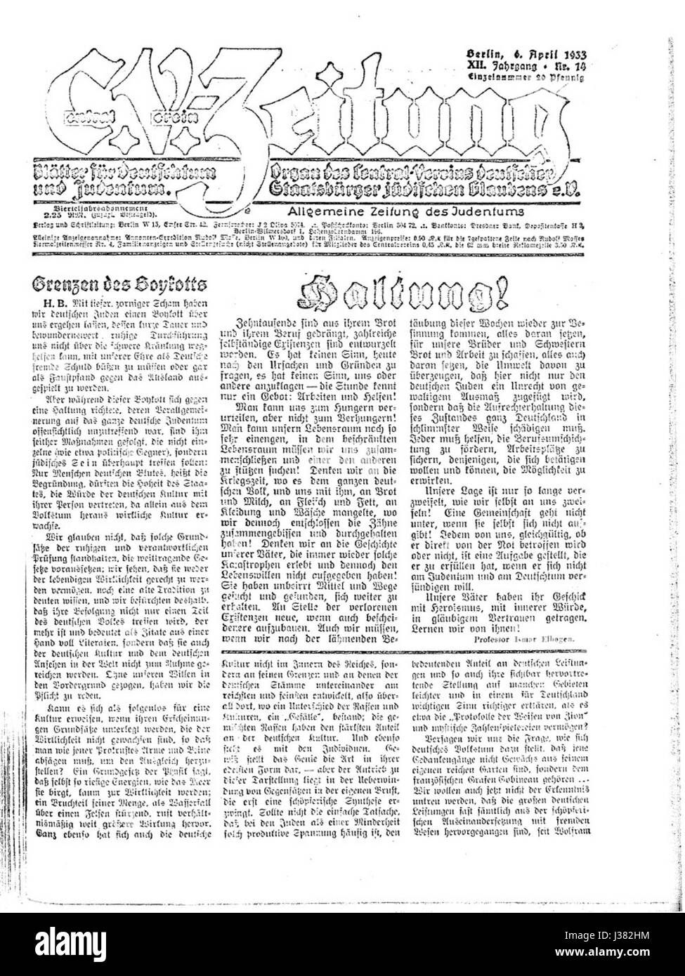 Le 'CV Zeitung' était un journal allemand, et sa page d'accueil du 6 avril 1933, donne un aperçu historique des événements de cette époque, en particulier reflétant les changements politiques et sociaux en Allemagne. Banque D'Images