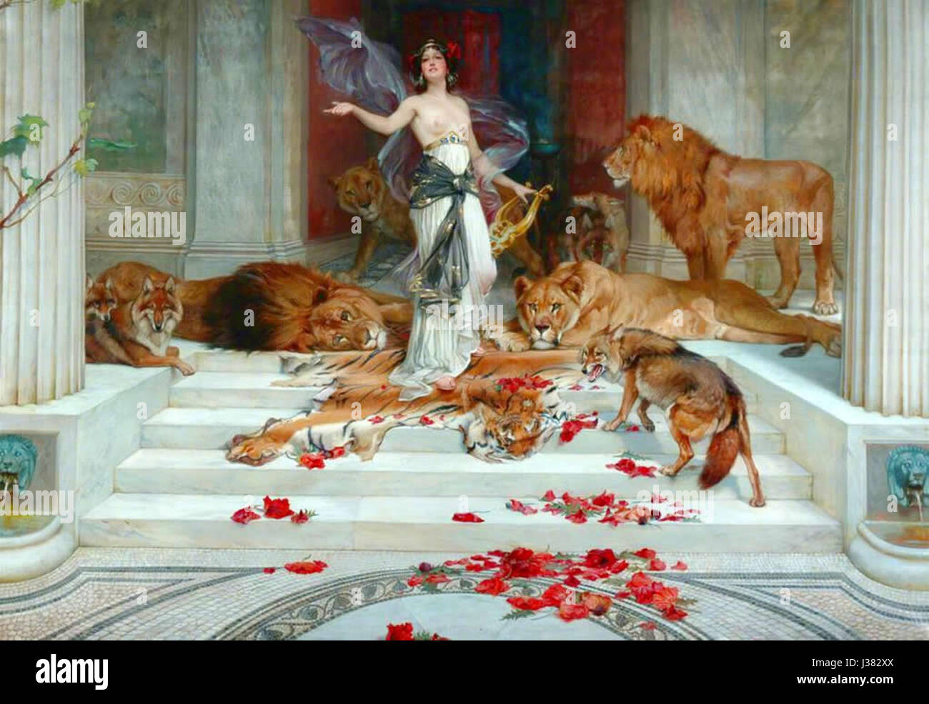 'Circe', peint par Wright Barker en 1889, représente la figure mythologique grecque Circe, connue pour ses pouvoirs magiques. La peinture la dépeint comme une sorcière puissante, s'engageant avec les animaux et la magie dans un cadre classique, mettant en valeur l'habileté de l'artiste à capturer des thèmes mythologiques. Banque D'Images
